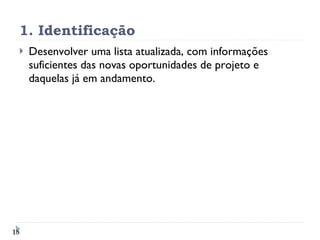 1. Identificação Desenvolver uma lista atualizada, com informações suficientes das novas oportunidades de projeto e daquelas já em andamento. 