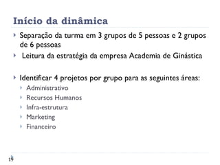 Início da dinâmica Separação da turma em 3 grupos de 5 pessoas e 2 grupos de 6 pessoas Leitura da estratégia da empresa Academia de Ginástica Identificar 4 projetos por grupo para as seguintes áreas: Administrativo Recursos Humanos Infra-estrutura Marketing Financeiro 