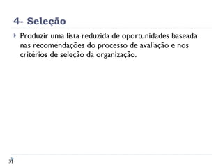 4- Seleção Produzir uma lista reduzida de oportunidades baseada nas recomendações do processo de avaliação e nos critérios de seleção da organização. 
