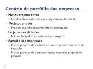 Cenário de portfólio das empresas Muitos projetos ativos  Geralmente o dobro do que a organização deveria ter  Projetos errados  Projetos que não proverão valor à organização Projetos não alinhados Não estão ligados aos objetivos estratégicos  Portfólio não balanceado  Muitos projetos de melhorias e poucos projetos na parte de inovação Muitos projetos de desenvolvimento e poucos projetos de pesquisa 
