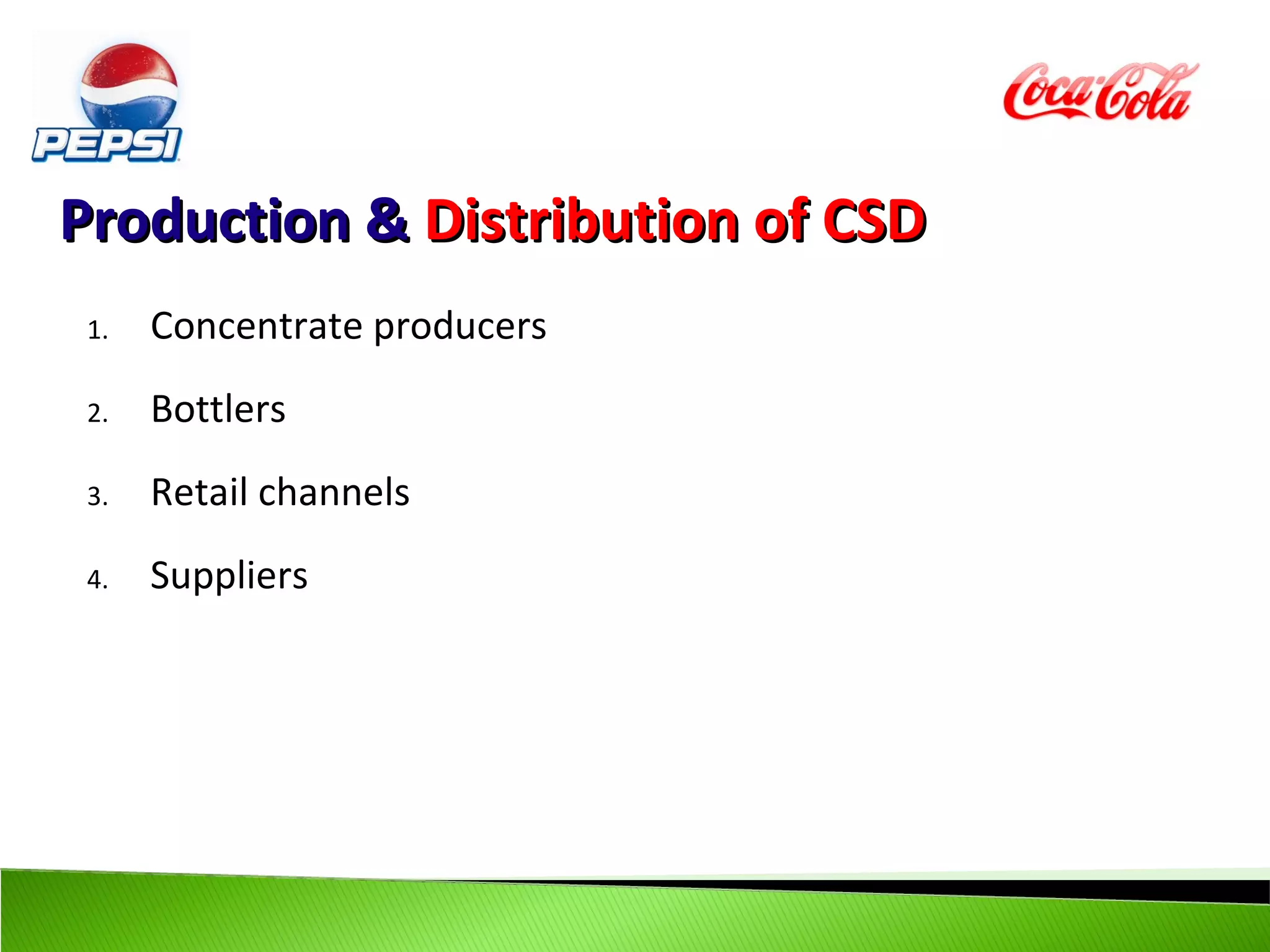 Production & Distribution of CSD
 1.   Concentrate producers
 2.   Bottlers
 3.   Retail channels
 4.   Suppliers
 