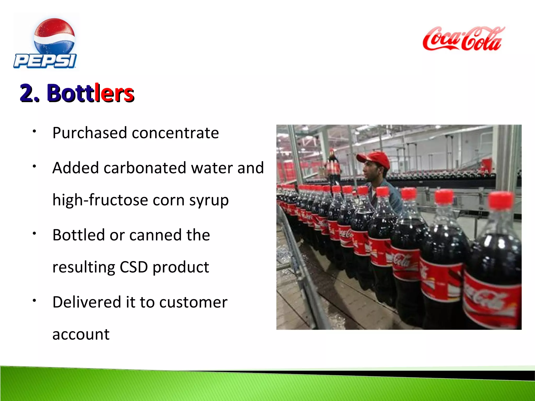 2. Bottlers
 •   Purchased concentrate
 •   Added carbonated water and
     high-fructose corn syrup
 •   Bottled or canned the
     resulting CSD product
 •   Delivered it to customer
     account
 