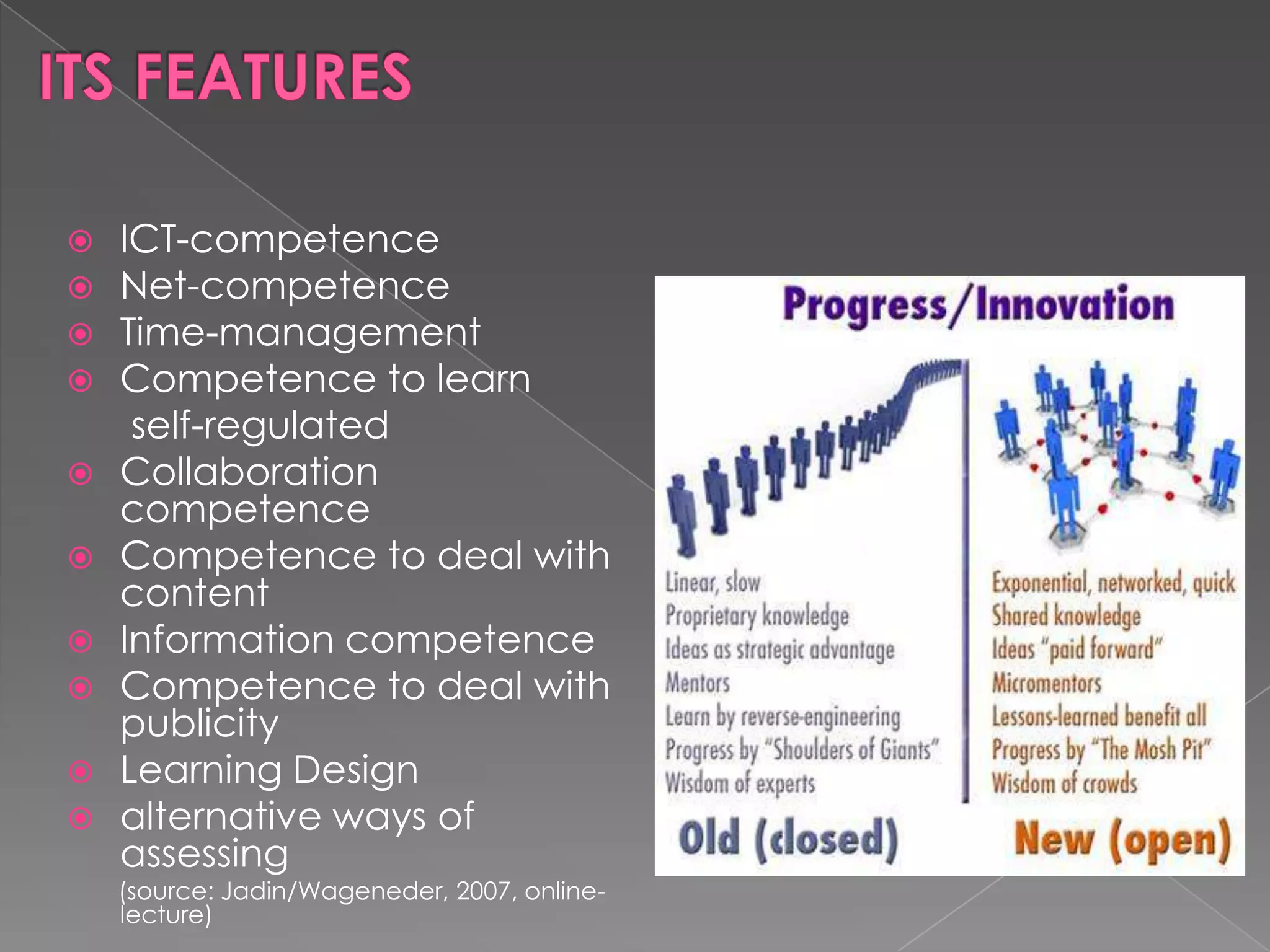  ICT-competence
Net-competence
Time-management
Competence to learn
self-regulated
Collaboration
competence
Competence to deal with
content
Information competence
Competence to deal with
publicity
Learning Design
alternative ways of
assessing
(source: Jadin/Wageneder, 2007, online-
lecture)