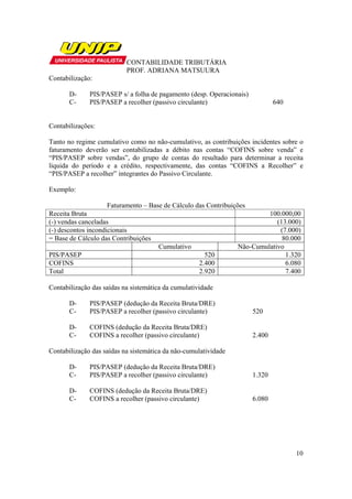 CONTABILIDADE TRIBUTÁRIA
                           PROF. ADRIANA MATSUURA
Contabilização:

       D-     PIS/PASEP s/ a folha de pagamento (desp. Operacionais)
       C-     PIS/PASEP a recolher (passivo circulante)                        640


Contabilizações:

Tanto no regime cumulativo como no não-cumulativo, as contribuições incidentes sobre o
faturamento deverão ser contabilizadas a débito nas contas “COFINS sobre venda” e
“PIS/PASEP sobre vendas”, do grupo de contas do resultado para determinar a receita
liquida do período e a crédito, respectivamente, das contas “COFINS a Recolher” e
“PIS/PASEP a recolher” integrantes do Passivo Circulante.

Exemplo:

                    Faturamento – Base de Cálculo das Contribuições
Receita Bruta                                                             100.000,00
(-) vendas canceladas                                                        (13.000)
(-) descontos incondicionais                                                  (7.000)
= Base de Cálculo das Contribuições                                            80.000
                                      Cumulativo                 Não-Cumulativo
PIS/PASEP                                              520                      1.320
COFINS                                               2.400                      6.080
Total                                                2.920                      7.400

Contabilização das saídas na sistemática da cumulatividade

       D-     PIS/PASEP (dedução da Receita Bruta/DRE)
       C-     PIS/PASEP a recolher (passivo circulante)                520

       D-     COFINS (dedução da Receita Bruta/DRE)
       C-     COFINS a recolher (passivo circulante)                   2.400

Contabilização das saídas na sistemática da não-cumulatividade

       D-     PIS/PASEP (dedução da Receita Bruta/DRE)
       C-     PIS/PASEP a recolher (passivo circulante)                1.320

       D-     COFINS (dedução da Receita Bruta/DRE)
       C-     COFINS a recolher (passivo circulante)                   6.080




                                                                                     10
 