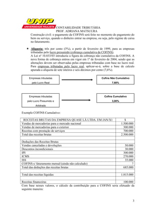 CONTABILIDADE TRIBUTÁRIA
                            PROF. ADRIANA MATSUURA
       Construção civil: o pagamento da COFINS será feito no momento do pagamento do
       bem ou serviço, quando o dinheiro entrar na empresa, ou seja, pelo regime de caixa
       no faturamento.

       Alíquota: três por cento (3%), a partir de fevereiro de 1999, para as empresas
       tributadas pelo lucro presumido (cobrança cumulativa da COFINS).
       A Lei nº 10.833/03 introduziu a figura da cobrança não cumulativa da COFINS. A
       nova forma de cobrança entrou em vigor em 1º de fevereiro de 2004, sendo que as
       alterações devem ser observadas pelas empresas tributadas com base no lucro real.
       Para empresas tributadas pelo lucro real, aplicar-se-á, sobre a base de calculo
       apurada a alíquota de sete inteiros e seis décimos por cento (7,6%).

      Empresas tributadas                                      Cofins Não Cumulativo
        pelo Lucro Real                                                7,60%




      Empresas tributadas                                        Cofins Cumulativo
    pelo Lucro Presumido e                                             3,00%
           Arbitrado

Exemplo COFINS Cumulativo:

 RECEITAS BRUTAS DA EMPRESA QUASE LÁ LTDA. EM JAN/X1                              $
Vendas de mercadorias para o mercado nacional                                  1.500.000
Vendas de mercadorias para o exterior                                            300.000
Receitas com prestação de serviços                                               700.000
Total das receitas brutas                                                      2.500.000

Deduções das Receitas Brutas
Vendas canceladas e devoluções                                                   50.000
Descontos incondicionais                                                         30.000
IPI                                                                             300.000
ICMS                                                                            270.000
ISS                                                                              35.000
COFINS s/ faturamento mensal (ainda não calculado)                                    ?
Total das deduções das receitas brutas                                          685.000

Total das receitas líquidas                                                    1.815.000

Receitas financeiras                                                      100.000
Com base nesses valores, o cálculo da contribuição para a COFINS seria efetuado da
seguinte maneira:


                                                                                       3
 
