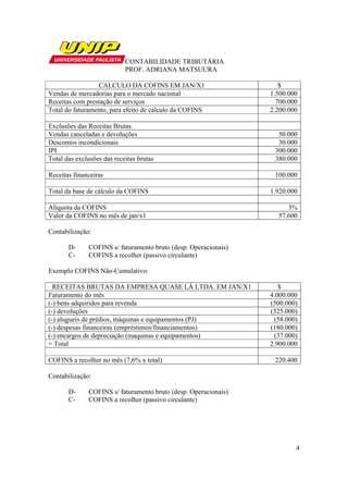 CONTABILIDADE TRIBUTÁRIA
                            PROF. ADRIANA MATSUURA

                 CALCULO DA COFINS EM JAN/X1                        $
Vendas de mercadorias para o mercado nacional                    1.500.000
Receitas com prestação de serviços                                 700.000
Total do faturamento, para efeito de cálculo da COFINS           2.200.000

Exclusões das Receitas Brutas
Vendas canceladas e devoluções                                     50.000
Descontos incondicionais                                           30.000
IPI                                                               300.000
Total das exclusões das receitas brutas                           380.000

Receitas financeiras                                              100.000

Total da base de cálculo da COFINS                               1.920.000

Alíquota da COFINS                                                    3%
Valor da COFINS no mês de jan/x1                                   57.600

Contabilização:

       D-     COFINS s/ faturamento bruto (desp. Operacionais)
       C-     COFINS a recolher (passivo circulante)

Exemplo COFINS Não-Cumulativo:

  RECEITAS BRUTAS DA EMPRESA QUASE LÁ LTDA. EM JAN/X1               $
Faturamento do mês                                               4.000.000
(-) bens adquiridos para revenda                                 (500.000)
(-) devoluções                                                   (325.000)
(-) alugueis de prédios, máquinas e equipamentos (PJ)             (58.000)
(-) despesas financeiras (empréstimos/financiamentos)            (180.000)
(-) encargos de depreciação (maquinas e equipamentos)             (37.000)
= Total                                                          2.900.000

COFINS a recolher no mês (7,6% x total)                           220.400

Contabilização:

       D-     COFINS s/ faturamento bruto (desp. Operacionais)
       C-     COFINS a recolher (passivo circulante)




                                                                         4
 
