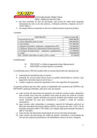 CONTABILIDADE TRIBUTÁRIA
                             PROF. ADRIANA MATSUURA
        dos bens recebidos no mês em devolução, cuja receita de venda tenha integrado
        faturamento do mês ou de mês anterior, e tributada conforme o disposto na Lei nº
        10.637/2002; e
        da energia elétrica consumida no mês nos estabelecimentos da pessoa jurídica.

Exemplo:

                             DESCRIÇÃO                            Valor em reais R$
       Faturamento do mês                                              4.000.000,00
       (-) bens adquiridos para revenda                                (500.000,00)
       (-) devoluções                                                  (325.000,00)
       (-)aluguéis de prédios, máquinas e equipamentos (PJ)              (58.000,00)
       (-) despesas financeiras (empréstimos/financiamentos)           (180.000,00)
       (-) encargos de depreciação – máquinas e equipamentos             (37.000,00)
       (=) total                                                       2.900.000,00
       PIS / PASEP a Recolher no mês (1,65% x total)                       47.850,00

Contabilização:

               D-     PIS/PASEP s/ a folha de pagamento (desp. Operacionais)
               C-     PIS/PASEP a recolher (passivo circulante)

A contribuição para o PIS não incidirá sobre as receitas decorrentes das operações de:

   •    exportação de mercadorias para o exterior;
   •    prestação de serviços parar pessoa física ou jurídica domiciliada no exterior, cujo
        pagamento represente ingresso de divisas; e
   •    vendas à empresas comercial exportadora com o fim específico de exportação.

As pessoas jurídicas que não estão sujeitas à modalidade não-cumulativa da COFINS e do
PIS/PASEP, ainda que tributadas pelo lucro real, são aquelas:

   a) cujas receitas são decorrentes de operações de venda de veículos usados, adquiridos
      para revenda, bem como dos recebidos como parte do preço da venda de veículos
      novos ou usados, quando auferidas por pessoas jurídicas que tenham como objeto
      social, declarado em seus atos constitutivos, a compra e venda de veículos
      automotores;
   b) cujas receitas estão submetidas à sistemática especial de tributação aplicável ao
      Mercado Atacadista de Energia Elétrica (MAE), nos termos dos Arts. 21,41 e 42 da
      Instrução Normativa SRF nº 247/2002, com redação dada pela Instrução Normativa
      SRF nº 358/2003;
   c) cujas receitas são decorrentes da prestação de serviços de telecomunicação;
   d) cujas receitas são decorrentes de vendas de jornais e periódicos e da prestação de
      serviços das empresas jornalísticas e de radiodifusão sonora e de sons e imagens;



                                                                                         7
 
