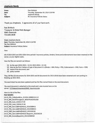 stephanie Bandy
From: Pam Birkholz
Sent:
To:
Thursday, September 04, 2014 5:39 PM
stephanie Bandy
Subject: RE: Insurance Policies Status
Thank you Stephanie. I appreciate all of your hard work.
Pam Birkholz
Treasurer &Global Risk Manager
KMG Chemicals
713.600.3838
From: stephanie Bandy
Sent: Thursday, September 04, 2014 5:16PM
To: Pam Birkholz
Subject: Insurance Policies Status
Pam:
All of 2014-2015 and 2013-2014 time periods' Insurance policies, binders, forms and endorsements have been renamed on the
server, as your digital copies.
How the files are named is as follows:
(1) by the year (2014-2015 = 14-15; 2013-2014 = 13-14)
(2) then by the first 3 letters of type of document it is (Binder= BIN; Policy= POL; Endorsement= END; Form= FOR)
(3) name ofthe document; and
(4) policy number
Thus, 96 files (32 documents for 2014-2015 and 64 documents for 2013-2014) have been renamed and I am working on
finishing up 2012-2013.
The excel sheet has also been updated and has the files named listed on the excel document.
The excel document is attached to this email and is also located here on the
server: S:TreasurylnsuranceKMG lnsurance.xlsx
Here is a list of the files:
FILE NAMES
14-15_POL_Pollution&Env_35-RCA-10000114-1-0
14-15_BIN_StockThroughput_B0507N14CA01260
14-15_BIN_Auto_CA934-37-04
14-15_POL_Auto_CA934-37-04
14-15_BIN_Gen.Lia&Poi(EAGLE}_EG16588411
14-15_POL_Gen.Lia&Poi(EAGLE}_EG16588411
14-15_END_Gen.Lia&Poi(EAGLE}_EG3236218
14-15_POL_Gen.Lia&Poi(EAGLE)-Baypoint_EG3236218
14-15_BIN_Excess(Baypoint)_EGU16588418
1
 