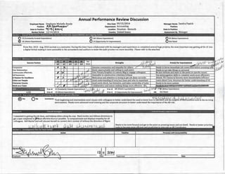 Employee Name
Position
Date in Position
Review Period
Stephanie Michelle Bandy
AR..C
9f1S
12
0 EE (Constantly Exceeds Expectations)
0 AE (Above Expectations)
Annual Performance Review Discussion
HireDate 09/15/2014
Department Accounting
Location Houston- Bernuth
United States
0 ME (Meets Expectations)
0 01 (Opportunity for Improvement)
M anager Name Sandra Papich
Position
Date in Position
Assessment
0 BE (Below Expectations)
0 Not Rated
From Nov. 2013- Aug. 2014 worked as a contractor. During this time I have collaborated with the managers and supervisors to completed several huge projects, the most important was getting all the JE into
a digital format making it more accessible to the accountants and auditors to make the audit process run more smoothly. Please refer to the attached.
Success Factors
5 to >4
4 to >3
(!)ves Q No Comments: Took beginning and intermediate excel classes with colleagues to better understand the need to know how
environment. Needs more advanced excel training and the corporate structure to better understand the importance of the AR role.
Committed to getting th.~lo,b done, and helping others along the way. Hard worker and follows directions to
get a task completed in~ost effective manner possible. Is compassionate and displays empathy for all
colleagues. Self-Starter and will educate herself on content she's unclear of without the direction of Mgmt.
Needs to be more focused and get to the point on pressing issues and not dwell. Needs to better prioritize
 