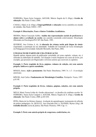 FERREIRA, Naura Syria Carapeto; AGUIAR, Márcia Ângela da S. (Orgs.). Gestão da
educação. São Paulo: Cortez, 2000.

CASALI, Alípio et al. (Orgs.). Empregabilidade e educação: novos caminhos no mundo
do trabalho. São Paulo: EDUC, 1997.

Exemplo 4: Dissertações, Teses e Outros Trabalhos Acadêmicos.

MEDDA, Maria Conceição Gobbo. Análise das representações sociais de professores e
alunos sobre a avaliação na escola: um caminho construído coletivamente. Dissertação
(Mestrado em Psicologia)-PUC/SP, São Paulo. 1995.

QUEIROZ, Ana Cristina A. de. A educação da criança surda pela língua de sinais:
respeitando a construção de sua identidade. Trabalho de Conclusão de Curso (Graduação
em Pedagogia)-Universidade Anhembi Morumbi, São Paulo, 2002.

UTILIZAÇÃO DE PARTES DE UMA PUBLICAÇÃO
Quando apenas alguma parte da publicação consultada, tal como capítulo, volume, etc, é
utilizada na elaboração do trabalho. Tal situação é muito freqüente nos casos de livros, por
exemplo, que possuem um Organizador e diversos autores que escrevem os capítulos.

Exemplo 1: Parte (capítulo de livro, páginas, volumes de coleção, etc) sem autoria
própria. Indica-se a parte consultada.

BOGGS, James. Ação e pensamento. São Paulo: Brasiliense, 1969. 3v. v.3 : A revolução
americana.

KÖCHE, José Carlos. Fundamentos de Metodologia Científica. Petrópolis: Vozes, 1997.
p.41-88.


Exemplo 2: Parte (capítulos de livros, volumes, páginas, coleções, etc) com autoria
própria.

MELO, Maria Teresa Leitão de. Gestão educacional - os desafios do cotidiano escolar. In:
FERREIRA, Naura Syria Carapeto e AGUIAR, Márcia Ângela da S. (Orgs.). Gestão da
educação. São Paulo: Cortez, 2000. p.243-254.

PEÑA, Maria de los Dolores Jimenez. Avaliação de aprendizagem: instrumento de reflexão
da prática pedagógica. In: QUELUZ, Ana Gracinda (Ori.) e ALONSO, Myrtes (Org.). O
trabalho docente: teoria & prática. São Paulo: Pioneira, 1999. Cap. 11.


Exemplo 3: Parte com autoria própria de congressos, conferências, etc.
 