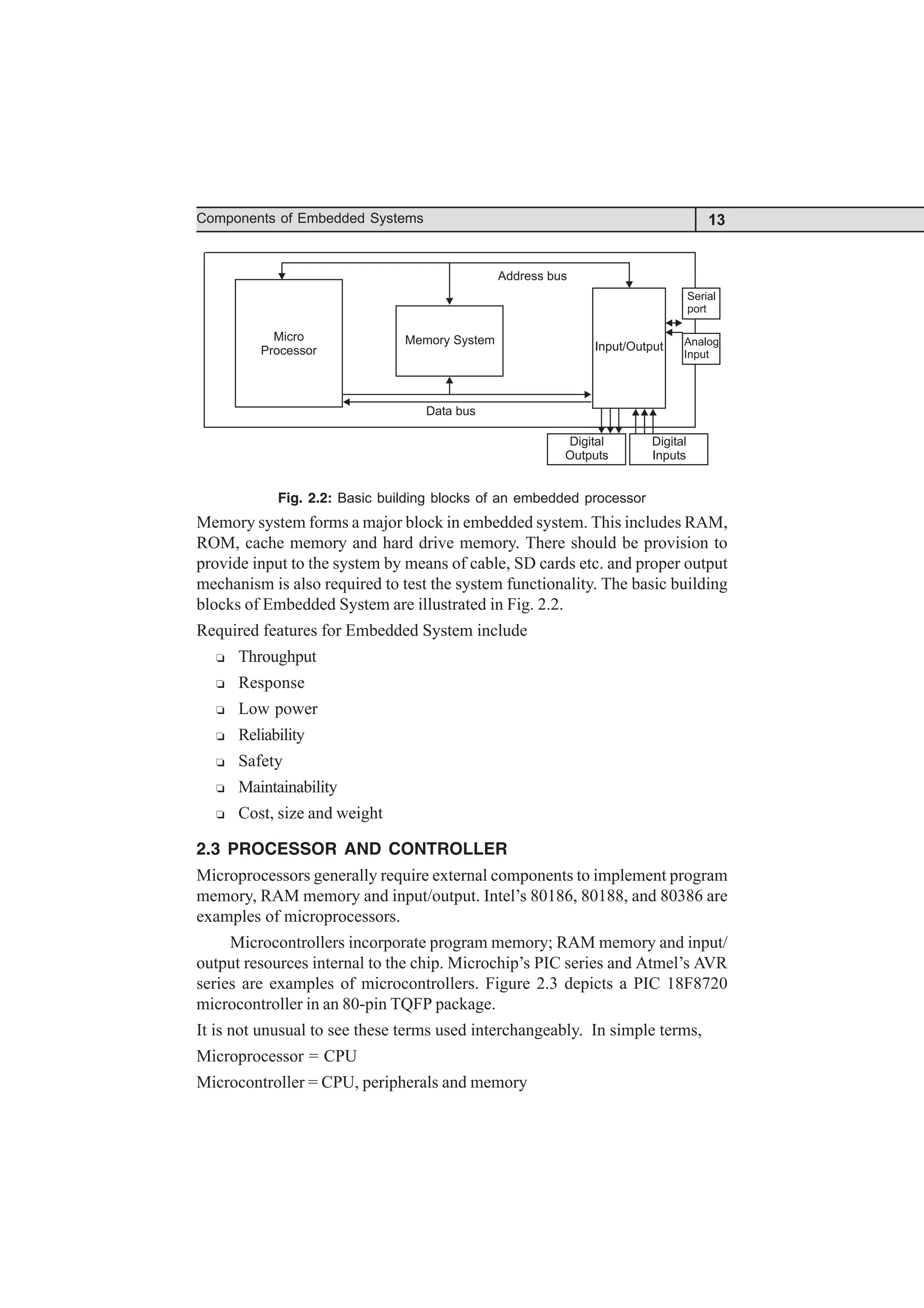 13
Components of Embedded Systems
Micro
Processor
Memory System
Data bus
Address bus
Input/Output
Digital
Outputs
Digital
Inputs
Fig. 2.2: Basic building blocks of an embedded processor
Memory system forms a major block in embedded system. This includes RAM,
ROM, cache memory and hard drive memory. There should be provision to
provide input to the system by means of cable, SD cards etc. and proper output
mechanism is also required to test the system functionality. The basic building
blocks of Embedded System are illustrated in Fig. 2.2.
Required features for Embedded System include
R Throughput
R Response
R Low power
R Reliability
R Safety
R Maintainability
R Cost, size and weight
2.3 PROCESSOR AND CONTROLLER
Microprocessors generally require external components to implement program
memory, RAM memory and input/output. Intel’s 80186, 80188, and 80386 are
examples of microprocessors.
Microcontrollers incorporate program memory; RAM memory and input/
output resources internal to the chip. Microchip’s PIC series and Atmel’s AVR
series are examples of microcontrollers. Figure 2.3 depicts a PIC 18F8720
microcontroller in an 80-pin TQFP package.
It is not unusual to see these terms used interchangeably. In simple terms,
Microprocessor = CPU
Microcontroller = CPU, peripherals and memory
 