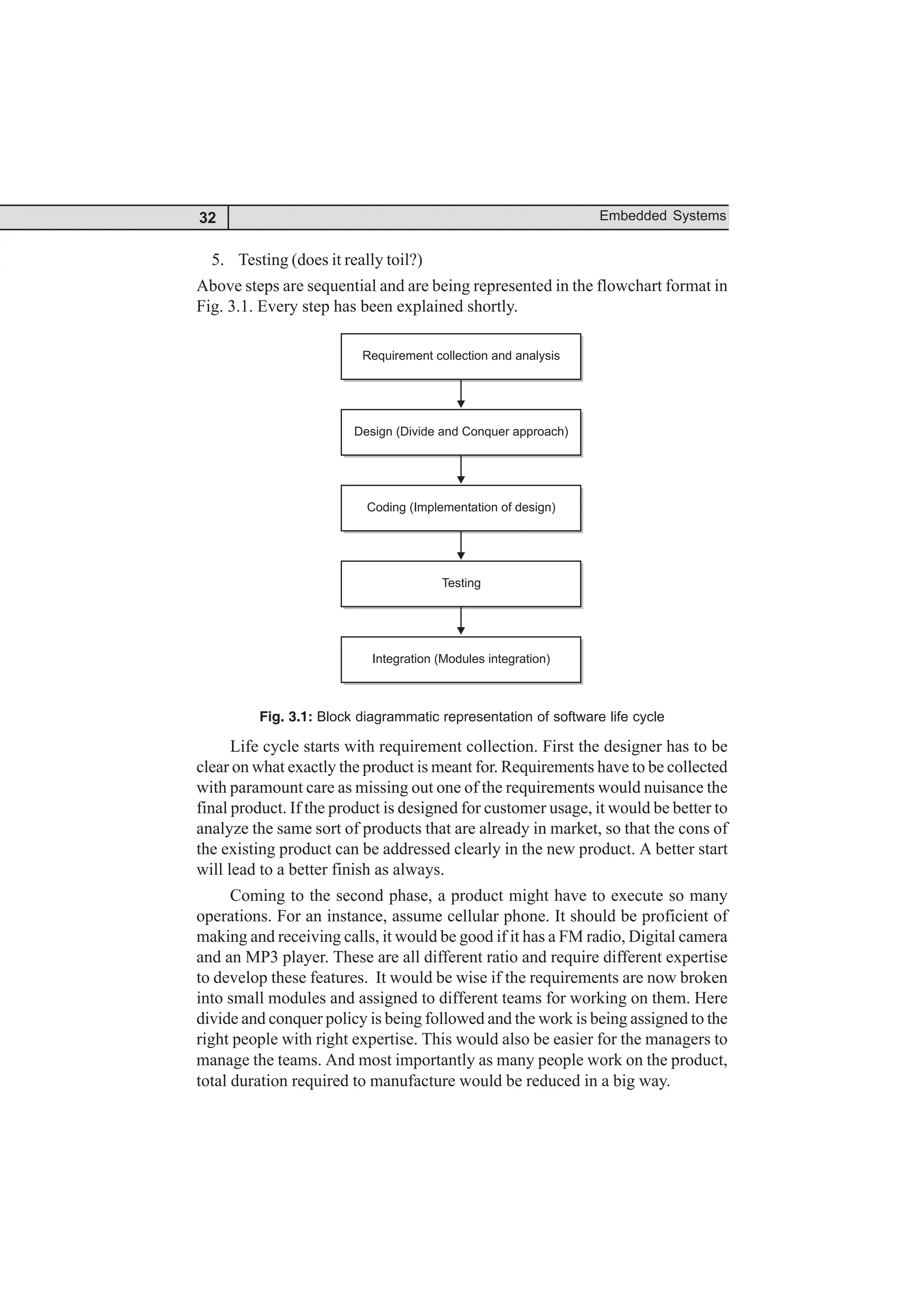 32 Embedded Systems
5. Testing (does it really toil?)
Above steps are sequential and are being represented in the flowchart format in
Fig. 3.1. Every step has been explained shortly.
Requirement collection and analysis
Design (Divide and Conquer approach)
Coding (Implementation of design)
Testing
Integration (Modules integration)
Fig. 3.1: Block diagrammatic representation of software life cycle
Life cycle starts with requirement collection. First the designer has to be
clear on what exactly the product is meant for. Requirements have to be collected
with paramount care as missing out one of the requirements would nuisance the
final product. If the product is designed for customer usage, it would be better to
analyze the same sort of products that are already in market, so that the cons of
the existing product can be addressed clearly in the new product. A better start
will lead to a better finish as always.
Coming to the second phase, a product might have to execute so many
operations. For an instance, assume cellular phone. It should be proficient of
making and receiving calls, it would be good if it has a FM radio, Digital camera
and an MP3 player. These are all different ratio and require different expertise
to develop these features. It would be wise if the requirements are now broken
into small modules and assigned to different teams for working on them. Here
divide and conquer policy is being followed and the work is being assigned to the
right people with right expertise. This would also be easier for the managers to
manage the teams. And most importantly as many people work on the product,
total duration required to manufacture would be reduced in a big way.
 