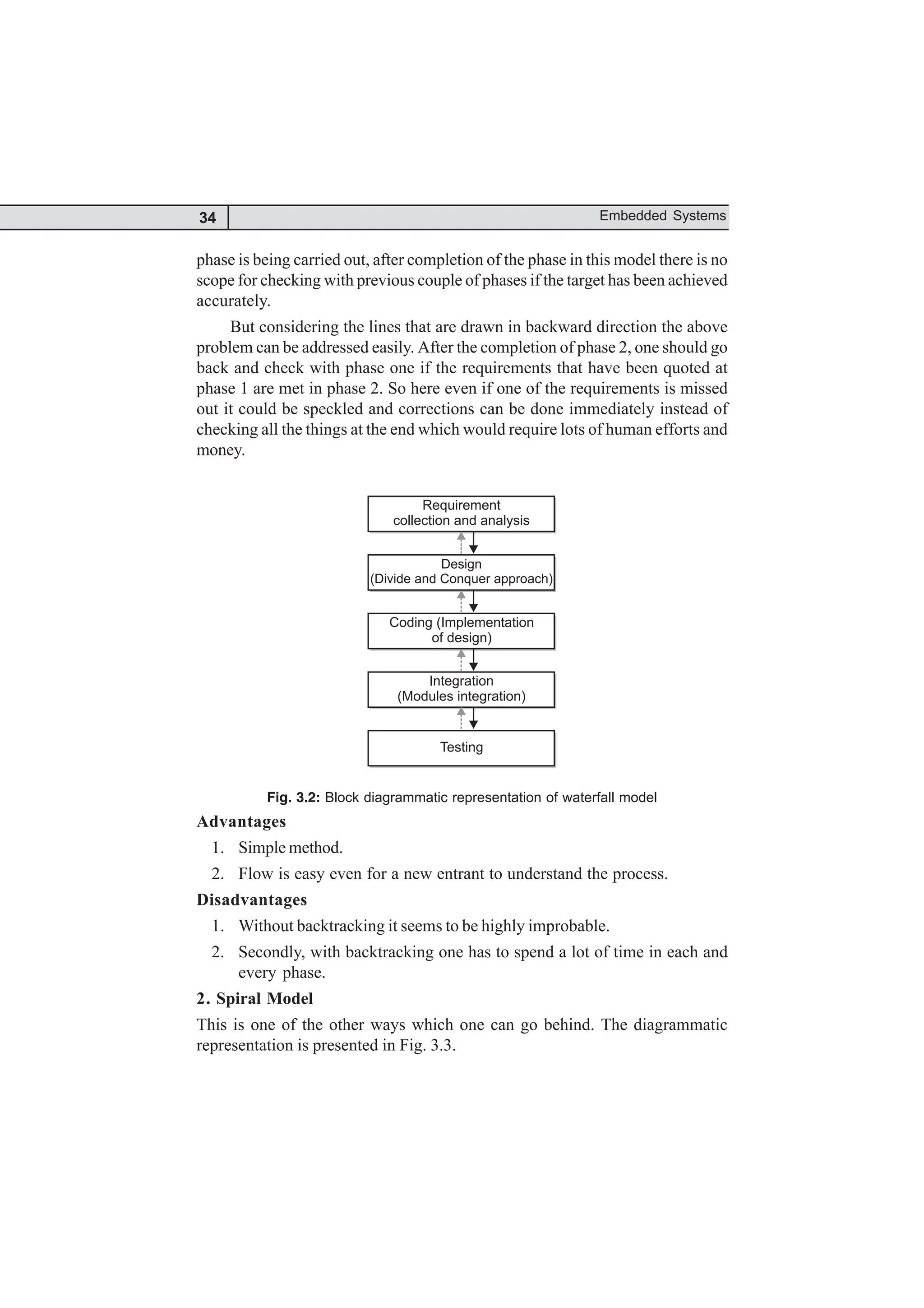 34 Embedded Systems
phase is being carried out, after completion of the phase in this model there is no
scope for checking with previous couple of phases if the target has been achieved
accurately.
But considering the lines that are drawn in backward direction the above
problem can be addressed easily. After the completion of phase 2, one should go
back and check with phase one if the requirements that have been quoted at
phase 1 are met in phase 2. So here even if one of the requirements is missed
out it could be speckled and corrections can be done immediately instead of
checking all the things at the end which would require lots of human efforts and
money.
Requirement
collection and analysis
Design
(Divide and Conquer approach)
Coding (Implementation
of design)
Testing
Integration
(Modules integration)
Fig. 3.2: Block diagrammatic representation of waterfall model
Advantages
1. Simple method.
2. Flow is easy even for a new entrant to understand the process.
Disadvantages
1. Without backtracking it seems to be highly improbable.
2. Secondly, with backtracking one has to spend a lot of time in each and
every phase.
2. Spiral Model
This is one of the other ways which one can go behind. The diagrammatic
representation is presented in Fig. 3.3.
 