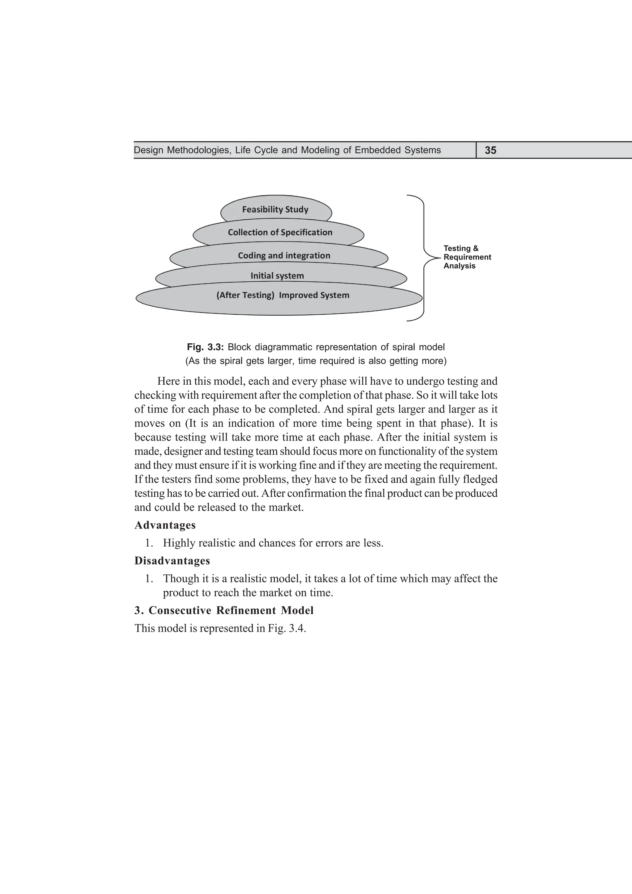 35
Design Methodologies, Life Cycle and Modeling of Embedded Systems
Testing &
Requirement
Analysis
Fig. 3.3: Block diagrammatic representation of spiral model
(As the spiral gets larger, time required is also getting more)
Here in this model, each and every phase will have to undergo testing and
checking with requirement after the completion of that phase. So it will take lots
of time for each phase to be completed. And spiral gets larger and larger as it
moves on (It is an indication of more time being spent in that phase). It is
because testing will take more time at each phase. After the initial system is
made, designer and testing team should focus more on functionality of the system
and they must ensure if it is working fine and if they are meeting the requirement.
If the testers find some problems, they have to be fixed and again fully fledged
testing has to be carried out. After confirmation the final product can be produced
and could be released to the market.
Advantages
1. Highly realistic and chances for errors are less.
Disadvantages
1. Though it is a realistic model, it takes a lot of time which may affect the
product to reach the market on time.
3. Consecutive Refinement Model
This model is represented in Fig. 3.4.
 
