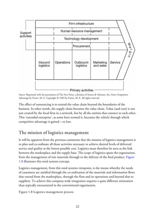 Source: Reprinted with the permission of The Free Press, a division of Simon & Schuster, Inc. from Competitive
Advantage by Porter, M. E. Copyright © 1985 by Porter, M. E. All rights reserved
The effect of outsourcing is to extend the value chain beyond the boundaries of the
business. In other words, the supply chain becomes the value chain. Value (and cost) is not
just created by the focal firm in a network, but by all the entities that connect to each other.
This ‘extended enterprise’, as some have termed it, becomes the vehicle through which
competitive advantage is gained – or lost.
The mission of logistics management
It will be apparent from the previous comments that the mission of logistics management is
to plan and co-ordinate all those activities necessary to achieve desired levels of delivered
service and quality at the lowest possible cost. Logistics must therefore be seen as the link
between the marketplace and the supply base. The scope of logistics spans the organisation,
from the management of raw materials through to the delivery of the final product. Figure
1.8 illustrates this total systems concept.
Logistics management, from this total systems viewpoint, is the means whereby the needs
of customers are satisfied through the co-ordination of the materials and information flows
that extend from the marketplace, through the firm and its operations and beyond that to
suppliers. To achieve this company-wide integration requires a quite different orientation
than typically encountered in the conventional organisation.
Figure 1.8 Logistics management process
22
 