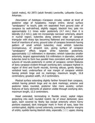 (adult males), KU 2973 (adult female) Lewisville, Lafayette County,
Arkansas.
Description of holotype.—Carapace circular, widest at level of
posterior edge of hyoplastra; margin entire; dorsal surface
"sandpapery" to touch; pale rim separated from ground color of
carapace by well-defined, slightly ragged, blackish line; pale rim
approximately 2.1 times wider posteriorly (4.7 mm.) than it is
laterally (2.2 mm.); pale rim increasingly narrower anteriorly, absent
in nuchal region; tubercles along anterior edge of carapace
triangular with sharp tips becoming flattened and inconspicuous at
level of insertions of arms; ground color of carapace brownish having
pattern of small whitish tubercles; most whitish tubercles
inconspicuous, of pinpoint size, giving surface of carapace
"sandpapery" effect; largest white tubercles posteriorly,
approximately 1.2 millimeters in diameter; whitish tubercles smaller
anteriorly, largest approximately 0.6 millimeters in diameter; whitish
tubercles tend to form two parallel lines coincident with longitudinal
sutures of neurals posteriorly in center of carapace; certain features
of bony carapace evident through overlying skin; carapace highest in
region of third and fourth neurals, forming obtuse, gently sloping,
vertebral keel; undersurface of rear margin of carapace whitish
having pinkish tinge and no markings; maximum length, 16.8
centimeters; greatest width, 14.3 centimeters.
Plastral surface extending slightly farther forward than carapace,
whitish having pinkish tinge and no dark markings; anterior and
posterior lobes rounded, posterior lobe more acutely; certain
features of bony elements of plastron visible through overlying skin;
maximum length, 12.2 centimeters.
Head extended, terminating in flexible snout; septal ridges
projecting into each rounded nostril; tip of snout darkened; jaws
open, each covered by fleshy lips except anteriorly where horny
portions exposed; dark triangular mark in front of eyes, base line
uninterrupted, slightly curved anteriorly, connecting anterior margins
of orbits; eyelids having blackish dots, especially [523] upper, closing
 