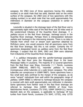 carapace. KU 2963 (one of three specimens having this catalog
number) is an adult male that has solid, blackish dots on the entire
surface of the carapace. KU 2964 (one of two specimens with this
catalog number) is an adult male that has ocelli approximately five
millimeters in diameter on the carapace (indistinct in center of
carapace).
Lewisville is situated in the drainage basin of the Red River and is
approximately eight miles east of the Red River and 30 miles west of
the westernmost tributary of the Ouachita River drainage. T. s.
pallidus occurs in the Red River drainage; hartwegi occurs in the
Ouachita River drainage. Perhaps there is intergradation between
pallidus and hartwegi in the intervening streams. There is no data to
indicate from which river or stream each specimen obtained by
McEntyre came; one would presume that all specimens came from
the Red River drainage. But this is not certain. Certainly the 47
specimens designated herein as pallidus came from the Red River
drainage. I suspect that KU 2944, 2963 and 2964 were obtained
from tributaries of the Ouachita River drainage.
T. s. pallidus intergrades with the spinifer-hartwegi population
where the Red River joins the Mississippi River in the lower
Mississippi Valley in Louisiana. The majority of 13 juvenal specimens
from the Red River near Shaw, Concordia [527] Parish, Louisiana
(USNM 99862-69, 99871-75), resemble pallidus in having
inconspicuous white tubercles on a pale brown carapace. The white
tubercles are conspicuous in USNM 99871. Some specimens have a
few small dark dots confined to the margin of the carapace, as do
some "variant" individuals from well within the geographic range of
pallidus. USNM 99865 is referred to hartwegi because the carapace
is covered with dark ocelli approximately one millimeter in diameter.
Some specimens from farther west in the Red River drainage are
referred to hartwegi. One (USNM 100420) of three from
Natchitoches Parish, Louisiana (TU 5763, USNM 100420-21), having
blackish dots on the carapace, is applicable to hartwegi. Of two
turtles from Grant Parish, Louisiana (TU 5647, 12735), only 12735
 