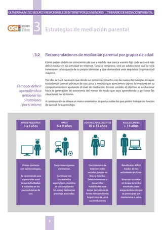 GuíaparaunusoseguroyresponsabledeInternetporlosmenores _Itinerariodemediaciónparental
8
Recomendaciones de mediación parental por grupos de edad
Cómo padres debéis ser conscientes de que a medida que crezca vuestro hijo cada vez será más
difícil mediar en su actividad en Internet. Tarde o temprano, será un adolescente que se verá
inmerso en la búsqueda de su propia identidad y que demandará unos requisitos de privacidad
mayores.
Por ello, se hace necesario que desde sus primeros contactos con las nuevas tecnologías le vayáis
trasladando buenas prácticas de uso, para, a medida que apreciemos signos de madurez en su
comportamiento ir ajustando el nivel de mediación. En este sentido, el objetivo es evolucionar
hacía la generación de autonomía del menor de modo que vaya aprendiendo a gestionar las
situaciones por sí mismo.
A continuación se ofrece un marco orientativo de pautas sobre las que podéis trabajar en función
de la edad de vuestro hijo:
3.2
Estrategias de mediación parental3
El menor debe ir
aprendiendo a
gestionar las
situaciones
por sí mismo
NIÑOS PEQUEÑOS
3 a 5 años
NIÑOS
6 a 9 años
JÓVENES ADOLESCENTES
10 a 13 años
ADOLESCENTES
+ 14 años
Primer contacto
con las tecnologías.
Se recomienda una
supervisión total
de sus actividades,
e iniciarles en las
pautas básicas de
uso.
Sus primeros pasos
en Internet.
Continuar con
una estrecha
supervisión, mientras
se van ampliando
los usos y las buenas
prácticas asociadas.
Uso intensivo de
Internet: redes
sociales, juegos en
línea y móviles.
Deben comenzar a
desarrollar
habilidades para
tomar decisiones de
forma independiente.
Seguir muy de cerca
sus evoluciones
Resulta más difícil
mediar en sus
actividades en línea.
Empezar a confiar
en lo que se les ha
enseñado, pero
asegurándose de que
se preocupan por
mantenerse a salvo.
 