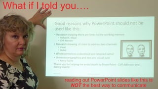 What if I told you….
reading out PowerPoint slides like this is
NOT the best way to communicate
 