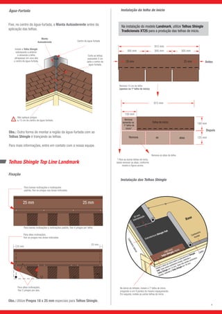 25 mm25 mm
915 mm
915 mm
180 mm
125 mm
150 mm
305 mm305 mm305 mm
Remova as abas
Telha de início
Remova
somente na
1ª telha de
início*
50 mm
Sobreposição
(760 mm)
Subcobertura Shingle Felt
Instale a telha de início sobre a subcobertura Shingle
Felt. Caso exista cantoneira frontal, estenda a
Telha Shingle em 13 mm. Caso não exista cantoneira
frontal, estenda a Telha Shingle em 19 mm.
Base
Cantoneiralateral
Cantoneira
frontal
Calha
Telha Shingle inicial
Instalação da telha de início
Remova 15 cm da telha
(apenas na 1ª telha de início).
* Para as outras telhas de início,
basta remover as abas, conforme
mostra a figura acima.
Remova as abas da telha.
Antes
Depois
Instalação das Telhas Shingle
Telhas Shingle Top Line Landmark
25 mm25 mm
25 mm25 mm
Para baixas inclinações e inclinações
padrão, fixe os pregos nas áreas indicadas.
Para baixas inclinações e inclinações padrão, fixe 4 pregos por telha.
Para altas inclinações,
fixe 2 pregos por aba.
Para altas inclinações,
fixe os pregos nas áreas indicadas.
25 mm
25 mm
Fixação
No beiral do telhado, instale a 1ª telha de início,
pregando-a em 4 pontos do mesmo espaçamento.
Em seguida, instale as outras telhas de início.
Água-Furtada
Fixe, no centro da água-furtada, a Manta Autoaderente antes da
aplicação das telhas.
Não aplique pregos
a 15 cm do centro da água-furtada.
Centro da água-furtada
Corte as telhas
passantes 5 cm
após o centro da
água-furtada.
Manta
Autoaderente
Obs.: Outra forma de montar a região da água-furtada com as
Telhas Shingle é trançando as telhas.
Para mais informações, entre em contato com a nossa equipe.
5 cm
Obs.: Utilize Pregos 18 x 25 mm especiais para Telhas Shingle.
Na instalação do modelo Landmark, utilize Telhas Shingle
Tradicionais XT25 para a produção das telhas de início.
Instale a Telha Shingle
sobrepondo a anterior
e deixando a telha
ultrapassar em uma aba
o centro da água-furtada.
8
 