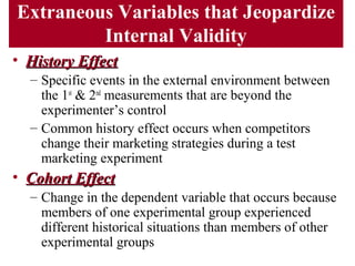 Extraneous Variables that Jeopardize
Internal Validity
• History EffectHistory Effect
– Specific events in the external environment between
the 1st
& 2nd
measurements that are beyond the
experimenter’s control
– Common history effect occurs when competitors
change their marketing strategies during a test
marketing experiment
• Cohort EffectCohort Effect
– Change in the dependent variable that occurs because
members of one experimental group experienced
different historical situations than members of other
experimental groups
 