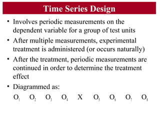 Time Series Design
• Involves periodic measurements on the
dependent variable for a group of test units
• After multiple measurements, experimental
treatment is administered (or occurs naturally)
• After the treatment, periodic measurements are
continued in order to determine the treatment
effect
• Diagrammed as:
O1 O2 O3 O4 X O5 O6 O7 O8
 