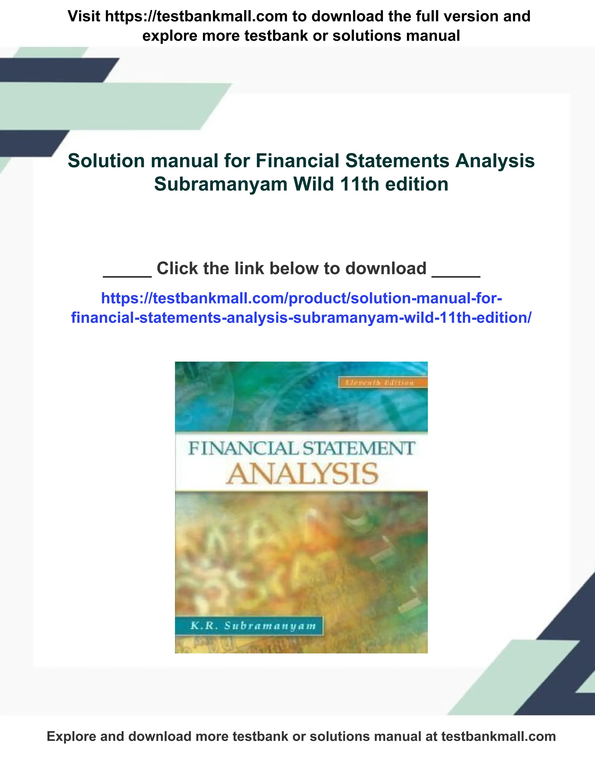 Instantly download the full Solution manual for Financial Statements  Analysis Subramanyam Wild 11th edition and start reading. | PDF