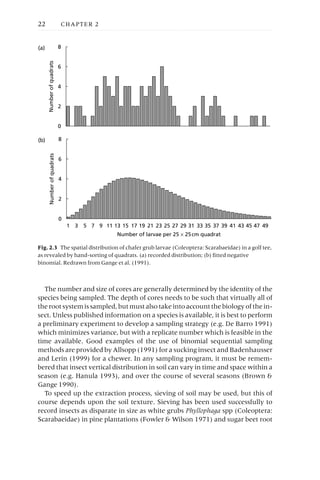 The number and size of cores are generally determined by the identity of the
species being sampled. The depth of cores needs to be such that virtually all of
the root system is sampled, but must also take into account the biology of the in-
sect. Unless published information on a species is available, it is best to perform
a preliminary experiment to develop a sampling strategy (e.g. De Barro 1991)
which minimizes variance, but with a replicate number which is feasible in the
time available. Good examples of the use of binomial sequential sampling
methods are provided by Allsopp (1991) for a sucking insect and Badenhausser
and Lerin (1999) for a chewer. In any sampling program, it must be remem-
bered that insect vertical distribution in soil can vary in time and space within a
season (e.g. Hanula 1993), and over the course of several seasons (Brown &
Gange 1990).
To speed up the extraction process, sieving of soil may be used, but this of
course depends upon the soil texture. Sieving has been used successfully to
record insects as disparate in size as white grubs Phyllophaga spp (Coleoptera:
Scarabaeidae) in pine plantations (Fowler & Wilson 1971) and sugar beet root
22 CHAPTER 2
0
2
4
6
8
Number
of
quadrats
0
2
4
6
8
1 3 5 7 9 11 13 15 17 19 21 23 25 27 29 31 33 35 37 39 41 43 45 47 49
Number of larvae per 25 ¥ 25cm quadrat
(a)
(b)
Number
of
quadrats
Fig. 2.3 The spatial distribution of chafer grub larvae (Coleoptera: Scarabaeidae) in a golf tee,
as revealed by hand-sorting of quadrats. (a) recorded distribution; (b) fitted negative
binomial. Redrawn from Gange et al. (1991).
 