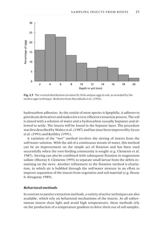 hydrocarbon adhesion. As the cuticle of most species is lipophilic, it adheres to
petroleum derivatives and makes for a very efficient extraction process. The soil
is mixed with a solution of water and a hydrocarbon (usually heptane) and al-
lowed to settle. The insects will be found in the heptane layer. The procedure
was first described by Walter et al. (1987) and has since been improved by Geurs
et al. (1991) and Kethley (1991).
A variation of the “wet” method involves the sieving of insects from the
soil/water solution. With the aid of a continuous stream of water, this method
can be an improvement on the simple act of flotation and has been used
successfully when the root-feeding community is sought (e.g. Clements et al.
1987). Sieving can also be combined with subsequent flotation in magnesium
sulfate (Murray & Clements 1995) to separate small larvae from the debris re-
maining on the sieve. Another refinement to the flotation method is elutria-
tion, in which air is bubbled through the soil/water mixture in an effort to
improve separation of the insects from vegetative and soil material (e.g. House
& Alzugaray 1989).
Behavioral methods
In contrast to passive extraction methods, a variety of active techniques are also
available, which rely on behavioral mechanisms of the insects. As all subter-
ranean insects shun light and avoid high temperatures, these methods rely
on the production of a temperature gradient to drive them out of soil samples.
SAMPLING INSECTS FROM ROOTS 25
0
5
10
15
20
25
30
2 4 6 8 10 12 14 16 18 20
Depth in soil (mm)
Percentage
of
eggs
Fig. 2.5 The vertical distribution of onion fly Delia antiqua eggs in soil, as revealed by the
molten agar technique. Redrawn from Havukkala et al. (1992).
 