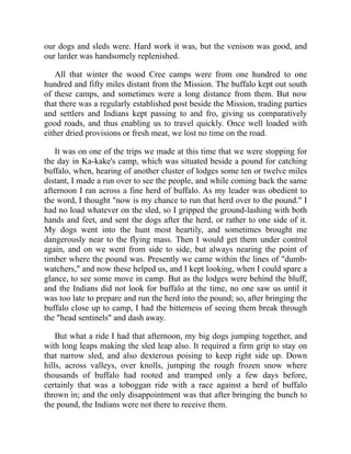 our dogs and sleds were. Hard work it was, but the venison was good, and
our larder was handsomely replenished.
All that winter the wood Cree camps were from one hundred to one
hundred and fifty miles distant from the Mission. The buffalo kept out south
of these camps, and sometimes were a long distance from them. But now
that there was a regularly established post beside the Mission, trading parties
and settlers and Indians kept passing to and fro, giving us comparatively
good roads, and thus enabling us to travel quickly. Once well loaded with
either dried provisions or fresh meat, we lost no time on the road.
It was on one of the trips we made at this time that we were stopping for
the day in Ka-kake's camp, which was situated beside a pound for catching
buffalo, when, hearing of another cluster of lodges some ten or twelve miles
distant, I made a run over to see the people, and while coming back the same
afternoon I ran across a fine herd of buffalo. As my leader was obedient to
the word, I thought "now is my chance to run that herd over to the pound." I
had no load whatever on the sled, so I gripped the ground-lashing with both
hands and feet, and sent the dogs after the herd, or rather to one side of it.
My dogs went into the hunt most heartily, and sometimes brought me
dangerously near to the flying mass. Then I would get them under control
again, and on we went from side to side, but always nearing the point of
timber where the pound was. Presently we came within the lines of "dumb-
watchers," and now these helped us, and I kept looking, when I could spare a
glance, to see some move in camp. But as the lodges were behind the bluff,
and the Indians did not look for buffalo at the time, no one saw us until it
was too late to prepare and run the herd into the pound; so, after bringing the
buffalo close up to camp, I had the bitterness of seeing them break through
the "head sentinels" and dash away.
But what a ride I had that afternoon, my big dogs jumping together, and
with long leaps making the sled leap also. It required a firm grip to stay on
that narrow sled, and also dexterous poising to keep right side up. Down
hills, across valleys, over knolls, jumping the rough frozen snow where
thousands of buffalo had rooted and tramped only a few days before,
certainly that was a toboggan ride with a race against a herd of buffalo
thrown in; and the only disappointment was that after bringing the bunch to
the pound, the Indians were not there to receive them.
 