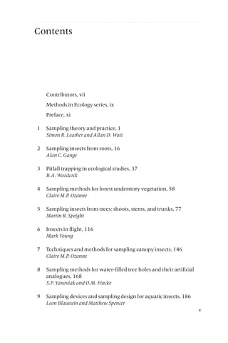Contents
Contributors, vii
Methods in Ecology series, ix
Preface, xi
1 Sampling theory and practice, 1
Simon R. Leather and Allan D. Watt
2 Sampling insects from roots, 16
Alan C. Gange
3 Pitfall trapping in ecological studies, 37
B.A. Woodcock
4 Sampling methods for forest understory vegetation, 58
Claire M.P. Ozanne
5 Sampling insects from trees: shoots, stems, and trunks, 77
Martin R. Speight
6 Insects in flight, 116
Mark Young
7 Techniques and methods for sampling canopy insects, 146
Claire M.P. Ozanne
8 Sampling methods for water-filled tree holes and their artificial
analogues, 168
S.P. Yanoviak and O.M. Fincke
9 Sampling devices and sampling design for aquatic insects, 186
Leon Blaustein and Matthew Spencer
v
 