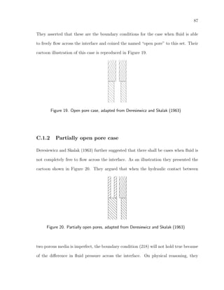 87
They asserted that these are the boundary conditions for the case when ﬂuid is able
to freely ﬂow across the interface and coined the named “open pore” to this set. Their
cartoon illustration of this case is reproduced in Figure 19.
Figure 19. Open pore case, adapted from Deresiewicz and Skalak (1963)
C.1.2 Partially open pore case
Deresiewicz and Skalak (1963) further suggested that there shall be cases when ﬂuid is
not completely free to ﬂow across the interface. As an illustration they presented the
cartoon shown in Figure 20. They argued that when the hydraulic contact between
Figure 20. Partially open pores, adapted from Deresiewicz and Skalak (1963)
two porous media is imperfect, the boundary condition (218) will not hold true because
of the diﬀerence in ﬂuid pressure across the interface. On physical reasoning, they
 