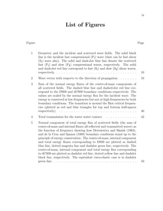 ix
List of Figures
Figure Page
1 Geometry and the incident and scattered wave ﬁelds. The solid black
line is the incident fast compressional (PI) wave (that can be fast shear
(SI) wave also). The solid and dash-dot blue line denote the scattered
fast (PI) and slow (PII) compressional waves, respectively. The solid
and dash-dot red line correspond to fast (SI) and slow (SII) shear waves,
respectively. . . . . . . . . . . . . . . . . . . . . . . . . . . . . . . . . . 10
2 Wave vector with respecto to the direction of propagation. . . . . . . . 10
3 Sum of the normal energy ﬂuxes of the centre-of-mass components of
all scattered ﬁelds. The dashed blue line and dashed-dot red line cor-
respond to the DS09 and dCS09 boundary conditions respectively. The
values are scaled by the normal energy ﬂux for the incident wave. The
energy is conserved at low frequencies but not at high frequencies by both
boundary conditions. The transition is around the Biot critical frequen-
cies (plotted as red and blue triangles for top and bottom half-spaces
respectively). . . . . . . . . . . . . . . . . . . . . . . . . . . . . . . . . 40
4 Total transmission for the water water contact. . . . . . . . . . . . . . 42
5 Normal component of total energy ﬂux of scattered ﬁelds (the sum of
centre-of-mass and internal ﬂuxes all reﬂected and transmitted waves) as
the function of frequency showing how Deresiewicz and Skalak (1963),
and de la Cruz and Spanos (1989) boundary conditions stand up to the
principle of energy conservation. The centre-of-mass, internal component
and total energy ﬂuxes corresponding to DS09 are plotted as dashed
blue line, dotted magenta line and dashdot green line, respectively. The
centre-of-mass, internal component and total energy ﬂux corresponding
to dCS09 are plotted as dashdot red line, dotted yellow line and dashdot
black line, respectively. The equivalent visco-elastic case is in dashdot
green line. . . . . . . . . . . . . . . . . . . . . . . . . . . . . . . . . . . 43
 