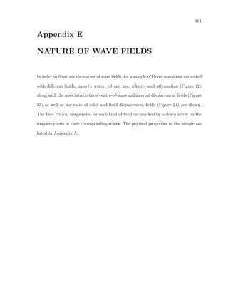 101
Appendix E
NATURE OF WAVE FIELDS
In order to illustrate the nature of wave ﬁelds, for a sample of Berea sandstone saturated
with diﬀerent ﬂuids, namely, water, oil and gas, velocity and attenuation (Figure 22)
along with the associated ratio of centre-of-mass and internal displacement ﬁelds (Figure
23) as well as the ratio of solid and ﬂuid displacement ﬁelds (Figure 24) are shown.
The Biot critical frequencies for each kind of ﬂuid are marked by a down arrow on the
frequency axis in their corresponding colors. The physical properties of the sample are
listed in Appendix A.
 