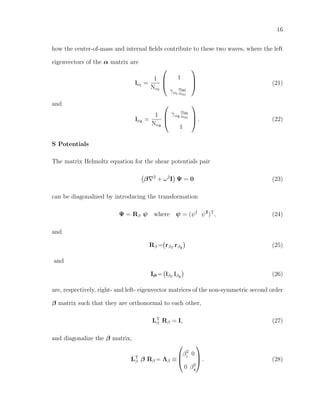 16
how the center-of-mass and internal ﬁelds contribute to these two waves, where the left
eigenvectors of the α matrix are
lαI
=
1
NαI



1
γαI
αmi
αim


 (21)
and
lαII
=
1
NαII



γαII
αim
αmi
1


 . (22)
S Potentials
The matrix Helmoltz equation for the shear potentials pair
β 2
+ ω2
I Ψ = 0 (23)
can be diagonalized by introducing the transformation
Ψ = Rβ ψ where ψ = (ψI
ψII
)T
, (24)
and
Rβ = rβI
, rβII
(25)
and
Lβ = lβI
, lβII
(26)
are, respectively, right- and left- eigenvector matrices of the non-symmetric second order
β matrix such that they are orthonormal to each other,
LT
β Rβ = I, (27)
and diagonalize the β matrix,
LT
β β Rβ = Λβ ≡



β2
I
0
0 β2
II


 . (28)
 