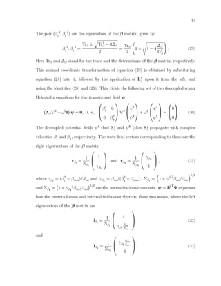 17
The pair (βI
2
, βII
2
) are the eigenvalues of the β matrix, given by
βI
2
, βII
2
=
Trβ ± Tr2
β − 4∆β
2
=
Trβ
2
1 ± 1 − 4
∆β
Tr2
β
. (29)
Here Trβ and ∆β stand for the trace and the determinant of the β matrix, respectively.
This normal coordinate transformation of equation (23) is obtained by substituting
equation (24) into it, followed by the application of LT
β upon it from the left, and
using the identities (28) and (29). This yields the following set of two decoupled scalar
Helmholtz equations for the transformed ﬁeld ψ
Λβ
2
+ ω2
I ψ = 0, i. e.,



β2
I
0
0 β2
II



2



ψI
ψII


 + ω2



ψI
ψII


 =



0
0


 . (30)
The decoupled potential ﬁelds ψI
(fast S) and ψII
(slow S) propagate with complex
velocities βI
and βII
, respectively. The wave ﬁeld vectors corresponding to these are the
right eigenvectors of the β matrix
rβI
=
1
NβI



1
γβI


 and rβII
=
1
NβII



γβII
1


 , (31)
where γβI
= (β2
I
− βmm)/βmi and γβII
= βmi/(β2
II
− βmm). NβI
= 1 + γβI
2
βmi/βim
1/2
and NβII
= 1 + γβII
2
βim/βmi
1/2
are the normalizations constants. ψ = LβT
Ψ expresses
how the center-of-mass and internal ﬁelds contribute to these two waves, where the left
eigenvectors of the β matrix are
lβI
=
1
NβI



1
γβI
βmi
βim


 (32)
and
lβII
=
1
NβII



γβII
βim
βmi
1


 . (33)
 