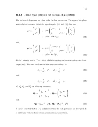 18
II.2.3 Plane wave solution for decoupled potentials
The horizontal slownesses are taken to be the free parameters. The appropriate plane
wave solution for scalar Helmholtz equation pairs (18) and (30) thus read
φ±
=



φI±
φII±


 = eiωpx



e±iωqαI
z
0
0 e±iωqαII
z






a±
I
a±
II



= eiω(px I ± Qα z)
a±
, (34)
and
ψ±
=



ψI±
ψII±


 = eiωpx



e±iωqαI
z
0
0 e±iωqαII
z






b±
I
b±
II



= eiω(pI± Qβ z)b±
. (35)
I is 2×2 identity matrix. The ± signs label the upgoing and the downgoing wave ﬁelds,
respectively. The associated vertical slownesses are deﬁned by
q2
αI
=
1
α2
I
− p2
, q2
αII
=
1
α2
II
− p2
, (36)
and
q2
βI
=
1
β2
I
− p2
, q2
βII
=
1
α2
II
− p2
. (37)
a±
I
, a±
II
, b±
I , and b±
II
are arbitrary constants,
Qα =



qαI
0
0 qαII


 , Qβ =



qβI
0
0 qβII


 , (38)
and
Q2
α = (Λα)−1
− p2
I, Q2
β = (Λβ)−1
− p2
I. (39)
It should be noted that in (34) and (35) solutions for each potentials are decoupled. It
is written in vectorial form for mathematical convenience later.
 