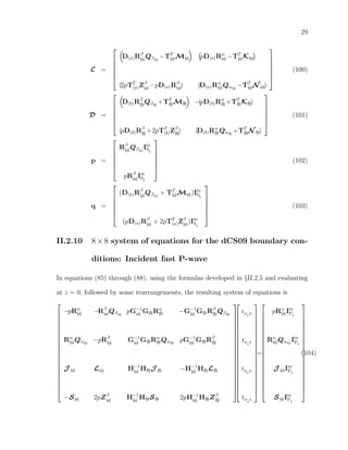 29
C =






D(a)Rβ
(a)Qβ(a)
−TT
(a)M(a) pD(a)Rα
(a)−TT
(a)K(a)
(2pTT
(a)Zβ
(a)−pD(a)Rβ
(a)) (D(a)Rα
(a)Qα(a)
−TT
(a)N (a))






(100)
D =






D(b)Rβ
(b)Qβ(b)
+TT
(b)M(b) −(pD(b)Rα
(b)+TT
(b)K(b))
(pD(b)Rβ
(b)+2pTT
(b)Zβ
(b)) (D(b)Rα
(b)Qα(b)
+TT
(b)N (b))






(101)
p =






Rβ
(a)Qβ(a)
Iin
SI
pRβ
(a)Iin
SI






(102)
q =






(D(a)Rβ
(a)Qβ(a)
+ TT
(a)M(a))Iin
SI
(pD(a)Rβ
(a) + 2pTT
(a)Zβ
(a))Iin
SI






(103)
II.2.10 8×8 system of equations for the dCS09 boundary con-
ditions: Incident fast P-wave
In equations (85) through (88), using the formulas developed in §II.2.5 and evaluating
at z = 0, followed by some rearrangements, the resulting system of equations is




















−pRα
(a) −Rβ
(a)Qβ(a)
pG−1
(a) G(b)Rα
(b) −G−1
(a) G(b)Rβ
(b)Qβ(b)
Rα
(a)Qα(a)
−pRβ
(a) G−1
(a) G(b)Rα
(b)Qα(b)
pG−1
(a) G(b)Rβ
(b)
J (a) L(a) H−1
(a) H(b)J (b) −H−1
(a) H(b)L(b)
−S(a) 2pZβ
(a) H−1
(a) H(b)S(b) 2pH−1
(a) H(b)Zβ
(b)








































rP
I
P
rP
I
S
tP
I
P
tP
I
S




















=




















pRα
(a)Iin
PI
Rα
(a)Qα(a)
Iin
PI
J (a)Iin
PI
S(a)Iin
PI




















(104)
 