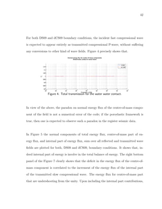 42
For both DS09 and dCS09 boundary conditions, the incident fast compressional wave
is expected to appear entirely as transmitted compressional P-wave, without suﬀering
any conversions to other kind of wave ﬁelds. Figure 4 precisely shows that.
Figure 4. Total transmission for the water water contact.
In view of the above, the paradox on normal energy ﬂux of the centre-of-mass compo-
nent of the ﬁeld is not a numerical error of the code; if the poroelastic framework is
true, then one is expected to observe such a paradox in the register seismic data.
In Figure 5 the normal components of total energy ﬂux, centre-of-mass part of en-
ergy ﬂux, and internal part of energy ﬂux, sum over all reﬂected and transmitted wave
ﬁelds are plotted for both, DS09 and dCS09, boundary conditions. It shows that, in-
deed internal part of energy is involve in the total balance of energy. The right bottom
panel of the Figure 7 clearly shows that the deﬁcit in the energy ﬂux of the centre-of-
mass component is correlated to the increment of the energy ﬂux of the internal part
of the transmitted slow compressional wave. The energy ﬂux for centre-of-mass part
that are undershooting from the unity. Upon including the internal part contributions,
 