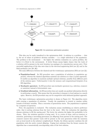 2.2 Evolutionary Approaches to MOO 9
P := Initialization
Termination
conditions are
met?
[Yes]
Evaluate(P) P' := Selection(P)
P'' := Variation(P')P := Elitism(P, P'')
[No]
Figure 2.2: An evolutionary optimization procedure
This idea can be easily transfered to the optimization ﬁeld. A solution to a problem — that
is, the set of values of problem’s decision variables — is a single individual in the population.
The problem is the environment — the higher the solution evaluation on a given problem, the
better it is ﬁtted to the environment. A better ﬁtness means higher chance that the traits of
a solution will be present in the next iteration (an analogue of a reproduction success rate). First
successful applications of the idea were done in the electrical engineering ﬁeld (see [6]) and in the
ﬂuid mechanics (see [29, 30]).
The main diﬀerences between the classical and the evolutionary optimization (EO) are (see [3]):
• Population-based. An EO procedure uses a population of solutions (a population ap-
proach), whereas the classical algorithms maintain one solution at a time (a point approach).
It enables an algorithm to maintain multiple optimal solutions, possibly from diﬀerent parts
of the solution space. Unfortunately it rises the memory and computational footprint of an
EO algorithm.
• Stochastic operators. An EO procedure uses stochastic operators (e.g. selection, crossover
or mutation) instead of deterministic ones.
• Gradient information. An EO procedure does not usually use gradient information directly
in performing a search. This means that the procedure is immune to local optima in a search
space. However, the EO procedure may not be competitive with dedicated gradient approach.
The basic evolutionary optimization procedure is shown in Figure 2.2. The algorithm starts
with creating a population of solutions. Usually the population is created at random within
bounds of decision variables. Then a succesion of generations starts. The populations is updated
by a sequence of operators.
First, the population is evaluated. The evaluation means establishing an relative preference
order, that is sorting solutions from the best to the worst. After the evaluation the algorithm
chooses solutions to ﬁll the mating pool. The better the solution the higher the probability to be
chosen. Then, the variation operator is being used. It is a series of steps, such as crossover or
mutation, generating a succeeding generation (an oﬀspring) from parents in the mating pool. The
crossover ensures that parents’ traits will be present in the next generation while the mutation
acts as local search in the solution’s neighborhood. Finally, the elitism operator combines the old
population with the newly created oﬀspring. Coping best solutions from the former ensures the
algorithm has a monotonically non-degrading value of the best solution.
 