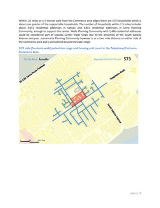 MXD ES - 9
Within .25 miles or a 5 minute walk from the Commerce area edges there are 573 households which is
about one quarter of the supportable households. The number of households within 1.5 miles includes
about 3,651 residential addresses in Saticoy and 3,815 residential addresses in Serra Planning
Community, enough to support this center. Wells Planning Community with 2,486 residential addresses
could be considered part of Scandia Center trade range due to the proximity of the South Saticoy
Avenue overpass. Juanamaria Planning Community however is at a two mile distance on either side of
the Commerce area and is considered beyond its trade range.
0.25 mile (5-minute walk) pedestrian range and housing unit count in the Telephone/Cachuma
Commerce Area
 