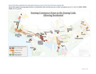 MXD Intro‐6 
Zones that allow residential and exclusively mixed‐use zones in the City of Ventura zoning code 
Zones that support housing opportunities in combination with commercial use or other use options are C‐1, C‐1A, C‐2, MXD, HMXD, 
CMXD, T4, T5, and T6. 
 