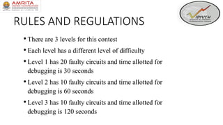 RULES AND REGULATIONS
•There are 3 levels for this contest
•Each level has a different level of difficulty
•Level 1 has 20 faulty circuits and time allotted for
debugging is 30 seconds
•Level 2 has 10 faulty circuits and time allotted for
debugging is 60 seconds
•Level 3 has 10 faulty circuits and time allotted for
debugging is 120 seconds
 