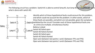 The following circuit has a problem. Switch #1 is able to control lamp #1, but lamp #2 never comes on no ma
what is done with switch #2:
Identify which of these hypothetical faults could account for this problem,
and which could not account for the problem. In other words, which of
these faults are possible, and which are not possible, given the symptoms
exhibited by the circuit? Consider each of these hypothetical faults one
at a time (no multiple, simultaneous faults):
Battery is dead
Switch #2 failed open
Switch #2 failed shorted
Switch #1 failed open
Switch #1 failed shorted
Open wire between test points 1 and 2 (between TP1 and TP2)
Open wire between test points 5 and 6 (between TP5 and TP6)
 