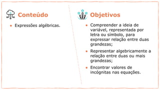 ● Expressões algébricas. ● Compreender a ideia de
variável, representada por
letra ou símbolo, para
expressar relação entre duas
grandezas;
● Representar algebricamente a
relação entre duas ou mais
grandezas;
● Encontrar valores de
incógnitas nas equações.
Conteúdo Objetivos
 