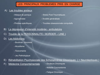 LES PRINCIPAUX PROBLEMES PRIS EN CHARGE
A) Les troubles anxieux
- Attaque de panique
- Agoraphobie
- Phobies spécifiques
- Stress Post-Traumatiques
- Anxiété généralisée
- Troubles obsessionnels compulsifs
B) La dépression d’intensité modérée - ambulatoire
C) Trouble de la PERSONNALITE ( BORDER – LINE )
D) Les Addictions
- Boulimie - Anorexie
- Alcoolisme
- Toxicomanie
- Jeu Pathologique
E) Réhabilitation Psychosociale des Schizophrènes Chroniques ( + Neuroleptiques )
F) Médecine Comportementale - Douleurs Chroniques
- Maladie Coronarienne
- Fatigue Chronique
 