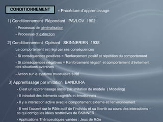 CONDITIONNEMENT
1) Conditionnement Répondant PAVLOV 1902
- Processus de généralisation
- Processus d’ extinction
= Procédure d’apprentissage
2) Conditionnement Opérant SKINNERIEN 1938
Le comportement est régi par ses conséquences
- Si conséquences positives = Renforcement positif et répétition du comportement
- Si conséquences négatives = Renforcement négatif et comportement d’évitement
des situations aversives
- Action sur le système musculaire strié
3) Apprentissage par imitation BANDURA
- C’est un apprentissage social par imitation de modèle ( Modeling)
- Il introduit des éléments cognitifs et émotionnels
- Il y a interaction active avec le comportement externe et l’environnement
- Il met l’accent sur le Rôle actif de l’individu et sa liberté au cours des interactions –
ce qui corrige les idées restrictives de SKINNER
- Applications Thérapeutiques variées : Jeux de Rôle
 