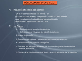 DÉROULEMENT D’ UNE T.C.C
A) Fréquence et nombre des séances
- 20 à 30 séances étalées sur 8 mois 1 an
-Pour les troubles anxieux – dépressifs. Durée : 30 à 45 minutes
- une centaine pour les troubles de personnalité et la
réhabilitation des psychotiques sur 2 ans
B) Les Étapes
1) - Établissement de la relation thérapeutique
- Définition avec le thérapeute des objectifs du traitement
2) Analyse fonctionnelle
3) Explication de la méthode – utilisation des techniques de changement
4) Développement des capacités d’autogestion
5) Évaluation des résultats du traitement par rapport à une ligne de base enregistrée
avant de commencer
6) Programme de maintenance et suivi durant 1 an après la phase active de traitement.
 
