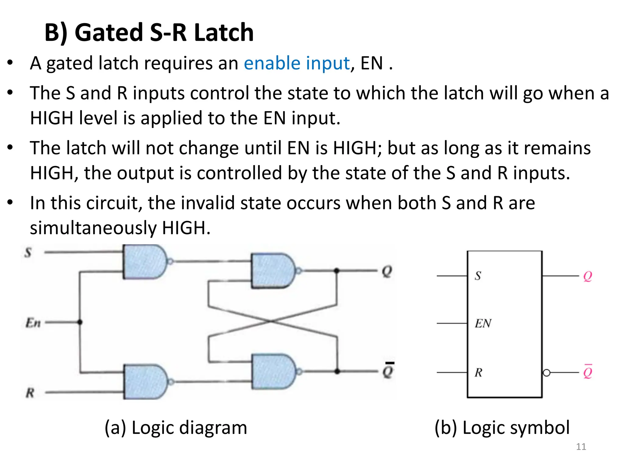 B) Gated S-R Latch
• A gated latch requires an enable input, EN .
• The S and R inputs control the state to which the latch will go when a
HIGH level is applied to the EN input.
• The latch will not change until EN is HIGH; but as long as it remains
HIGH, the output is controlled by the state of the S and R inputs.
• In this circuit, the invalid state occurs when both S and R are
simultaneously HIGH.
(a) Logic diagram (b) Logic symbol
11
 