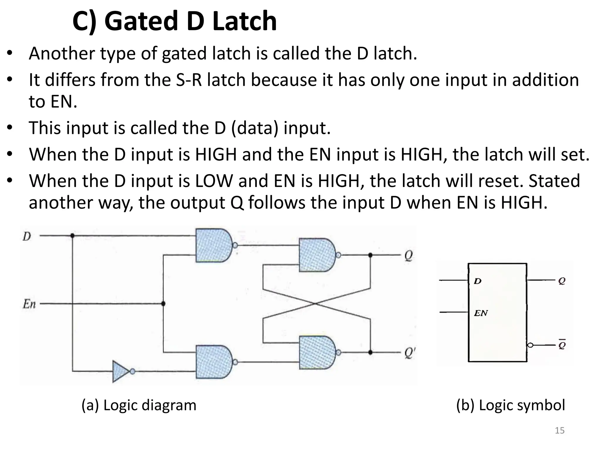 C) Gated D Latch
• Another type of gated latch is called the D latch.
• It differs from the S-R latch because it has only one input in addition
to EN.
• This input is called the D (data) input.
• When the D input is HIGH and the EN input is HIGH, the latch will set.
• When the D input is LOW and EN is HIGH, the latch will reset. Stated
another way, the output Q follows the input D when EN is HIGH.
(a) Logic diagram (b) Logic symbol
15
 